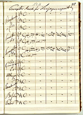 'Trompetermusik for Livjægerkorpset'. Side fra Hallagers nodemanuskriptbog med hans egen komposition.Klik for større billede
