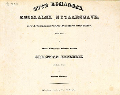 Titelbladet til Hallagers 'Otte Romancer', som udkom i 1836. Klik for større billede