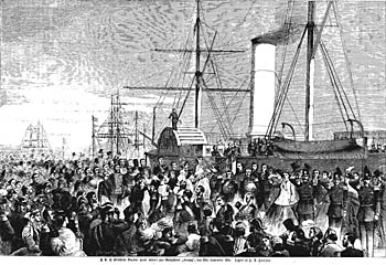 Dagmar går ombord på skibet i september 1866. Klik for større billede