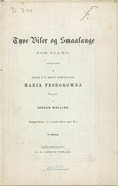 Titelbladet til Jørgen Mallings 'Tyve Viser og Smaasange for Piano'. Klik for større billede