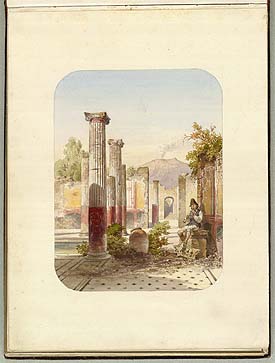 Side fra Helene Bournonvilles 'Album' med en akvarel af tempelruin fra Sydeuropa