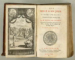 Titelbladet til Francois Pétis de la Croix's oversættelse af de oprindeligt persiske eventyr. Klik for større billede