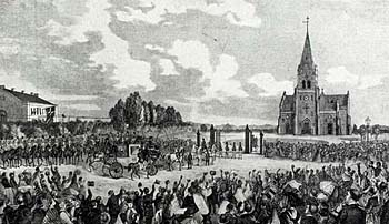  Frederik 7. ankommer til Skt. Johannes Kirke ved indvielsen. Klik for større billede