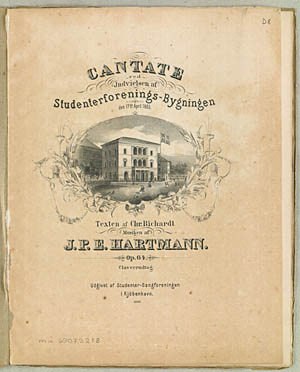 Forsiden fra den trykte udgave af indvielseskantaten til Studenterforeningens nye bygning, 1863. Klik for større billede