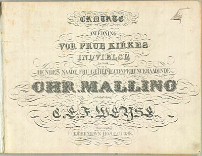 Titelblad fra det trykte klaverudtog til Weyses kantate til Vor Frue Kirkes indvielse. Klik for større billede