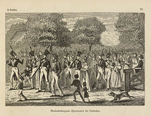 Studenterkorps på vej hjem fra øvelse 1801. Klik for større billede