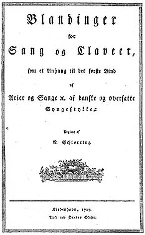 Titelblad fra Niels Schiørrings 'Blandinger for Sang og Klaver' (1787)