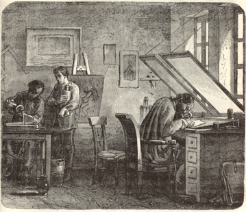En kobberstikkers værksted. Billede fra 1874